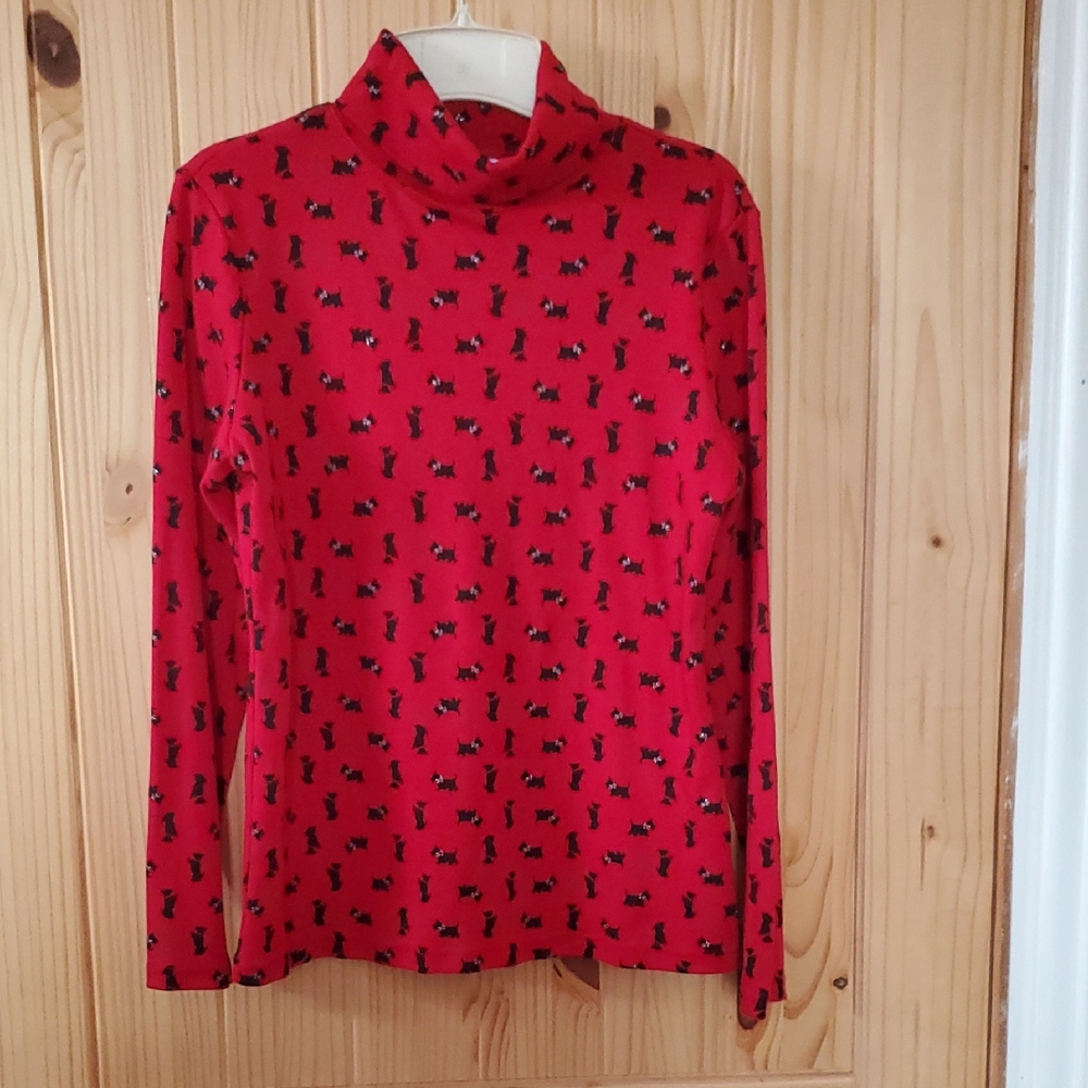 Karen Scott Red Turtleneck Top with Black Dog Print